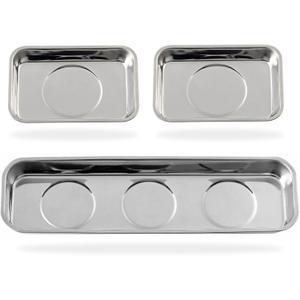 Set of 3 Magnetic Trays Set Stainless Steel Magnet Tool Tray Parts Holder for Screws, Sockets, Bolts, Pins, Mechanic's and Automotive (3.7" x 2.5" + 8.9" x 2.5"))