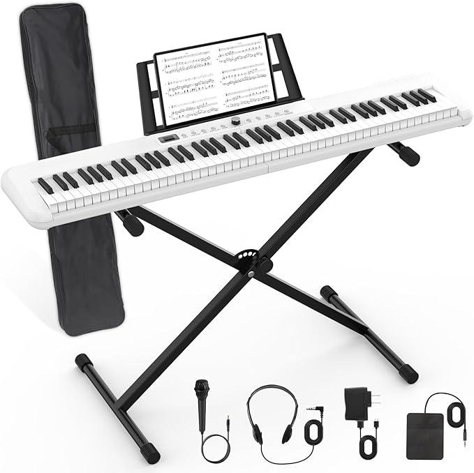 88 Key Digital Piano, Semi Weighted Electronic Keyboard Piano with Music Stand, Power Supply, Sustain Pedal, Bluetooth, Carrying Case, Headphones, USB-MIDI Compatibility, for Beginner Professional