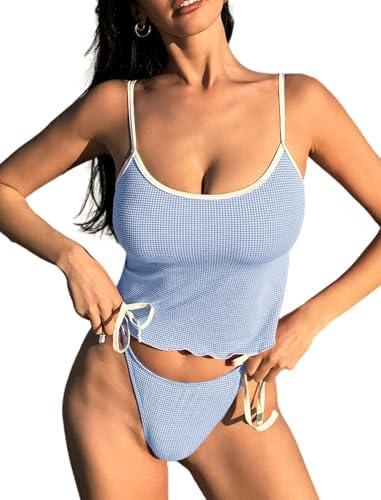 ZAFUL Tankini Swimsuits for Women Tie Front Tummy Control Spliced Ruffles Bikini Sets Two Piece Bathing Suits(2-Blue, S)