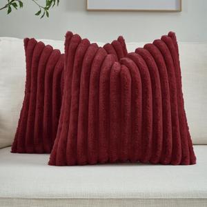FUTEI Pack of 2 Solid Faux Fur Plush Throw Pillow Covers 16x16 Inch Soft Fluffy Striped Decorative Cushion Cases Modern Farmhouse Accent for Couch Bed Living Room, Burgundy
