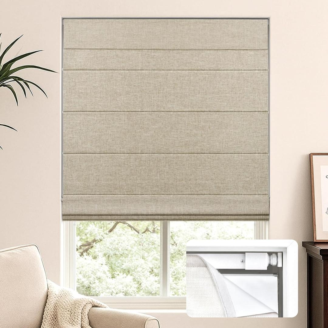 LazBlinds No Tools No Drill Cordless Roman Shades for Windows, Blackout Thermal Insulated UV Blocking Window Blinds, Lightweight Fabric Blinds for Indoor Windows, 28" W x 60" H, Blackout - Beige