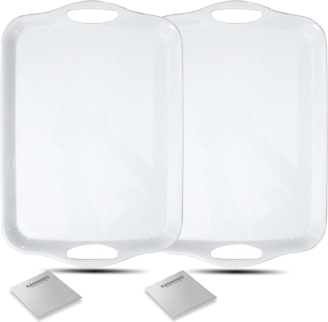 KAQAHIDO Large Melamine Serving Trays for Eating, 17.5 x 12 Serve Platter for Appetizer, Charcuterie, Food, Snack, Cupcakes, Dessert, BPA-Free, Dishwasher Safe Tray, Set of 2, White