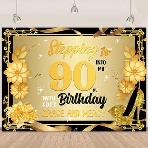 Gold 90th Birthday Decorations for Women Stepping Into My 90th Birthday Banner with God's Grace and Mercy Photography Background Black Gold Women Men Party Decorations Banner 5.9x3.6FT