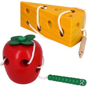 Early Development Wooden Lacing Toys, Montessori Activity Caterpillars Eat Apple and Kids Cheese Toys, Children Learning Educational Wood Block Puzzles for Toddlers Boys Girls (Multi Colors)