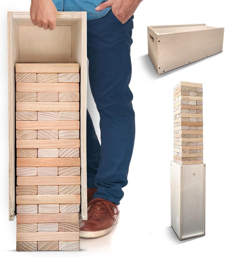 SWOOC Games - Giant Tower Game with 3-in-1 Straightener, Table & Storage Box - 90% Faster Set Up with Transforming Box & Straightener - Starts at 2-4ft - Grows to Over 6ft - Large Outdoor Yard Games, 8.3 inches x 9.3 inches x 26.4 inches