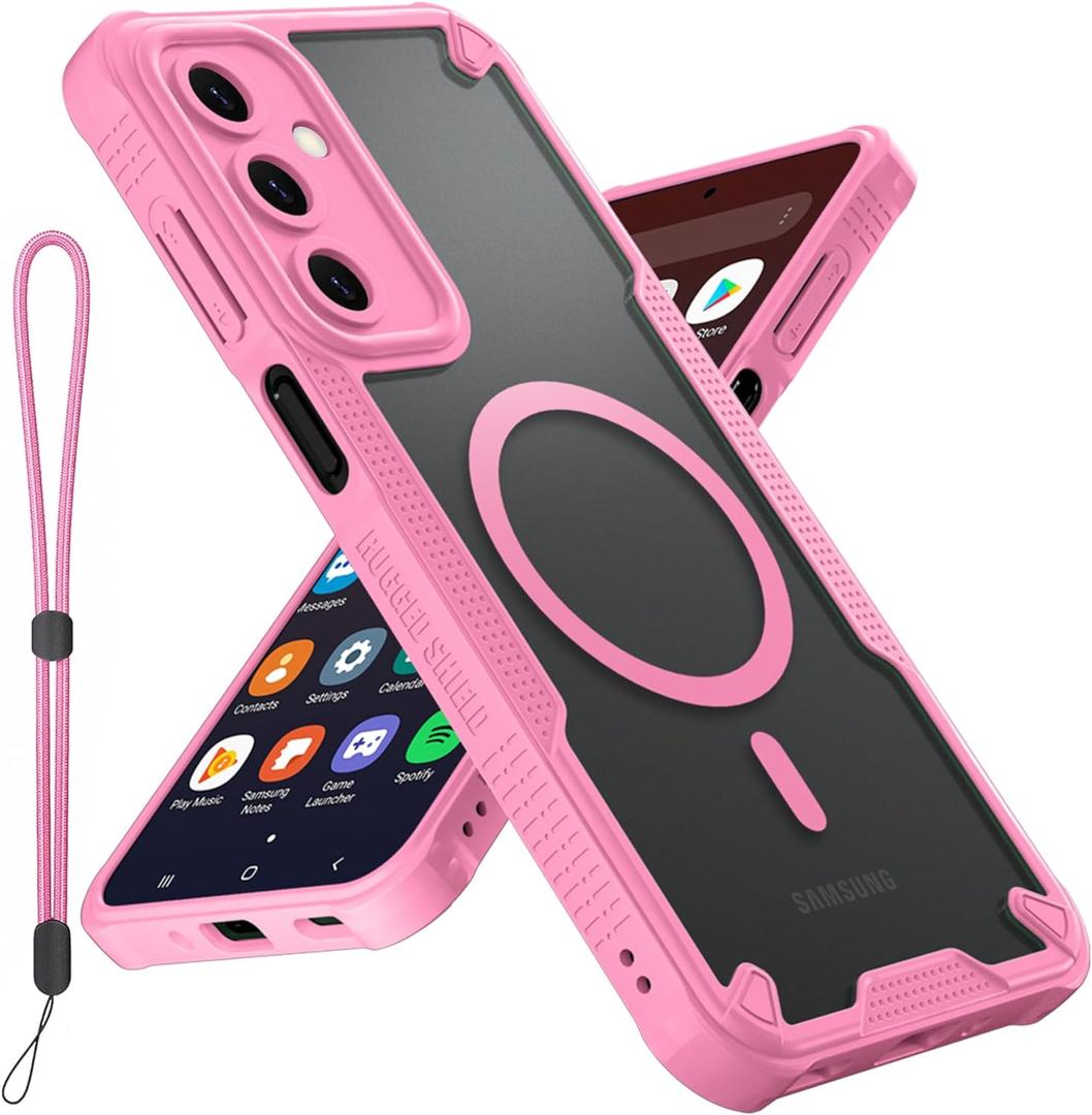 for Samsung Galaxy A16 5G Phone Case, Translucent Matte Back Compatible with Magsafe Magnetic Slim Shockproof Protective Case with Lanyard Strap for Samsung A16 5G 6.7-inch, Pink