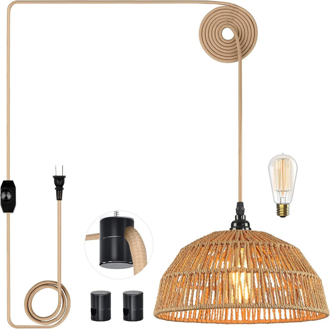 Plug in Pendant Light, Hanging Lights with 15ft Golden Cotton Cord & Stepless Dimming Switch, Handwoven Hemp Rope Lampshade, Boho Hanging Lamp for Kitchen, Hallway (Bulb & 2 Swag Hooks Included)