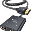 WARRKY HDMI Splitter 4K, 1x2 HDMI Display Duplicate/Mirror, HDMI Splitter 1 in 2 Out [Metal Shell, 3.3 Ft Braided HDMI Cable, LED Indicators], USB-C Powered Splitter, Black-4K@60Hz HDR