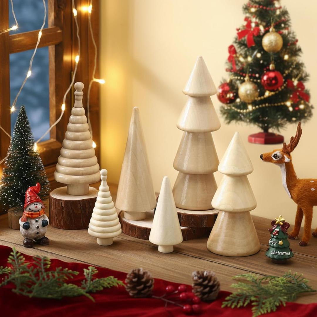 Namalu 6 Pcs Vintage Wooden Christmas Tree Wood Farmhouse Christmas Trees Rustic Xmas Table Centerpiece Figurines Handmade Unfinished Ornaments for Craft Tabletop Winter Holiday Mantel Shelf(Boho)