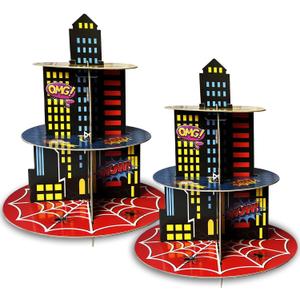 2 Pack Hero Birthday Party Supplies Cupcake Stands, 3-Tier Building Cardboard Cupcake Holder Dessert Display for Spider Birthday Party Decorations