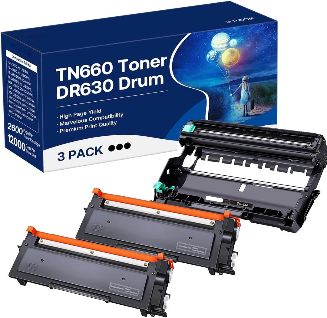 TN660 Toner Cartridge and DR630 Drum Unit Replacement for Brother DR630 DR-630 TN660 Work with MFC-L2700DW HL-L2360DW HL-L2300D DCP-L2540DW Printer (2 Toners, 1 Drum Unit, 3Pack)