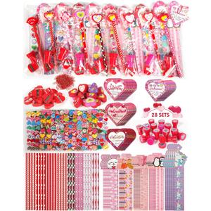 Valentine Gifts for Kids School, 28 Packs Stationery Set from Teachers to Students, Valentines Kids Gift Set Cards with Stickers, Pencils, Erasers, Valentine's Day Classroom Exchange Party Favor Toy