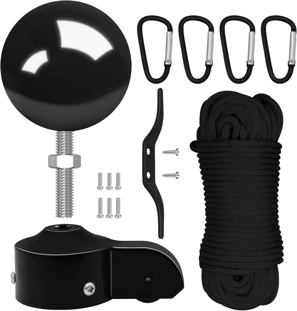 Flag Pole Pulley and Rope kit for 2" to 2.6" Diameter Flag Poles, 50FT Rope, 3.5" Flag Pole Topper, Cast Aluminum Flag Pole Truck, Metal Snap Clips and Cleat(Black)