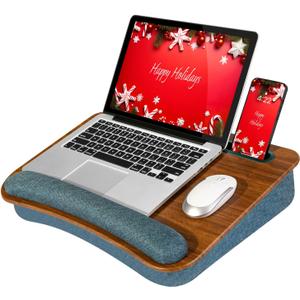 LAPGEAR Portable Laptop Lap Desk with Pillow Cushion, Anti-Slip Strip, Tablet or Phone Storage Slot, Pen and Pencil Pocket, and Wrist Rest - Espresso Woodgrain - Fits 17.3" Laptops - Style No. 91342