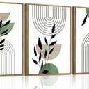 Bwodke Boho Wall Art, Framed Abstract Wall Art, Line Plants Leaf Canvas Wall Decor, Mid Century Sage Green Geometric Pictures Set of 3, Minimalist Paintings, for Bedroom Living Room Bathroom 16"x24"