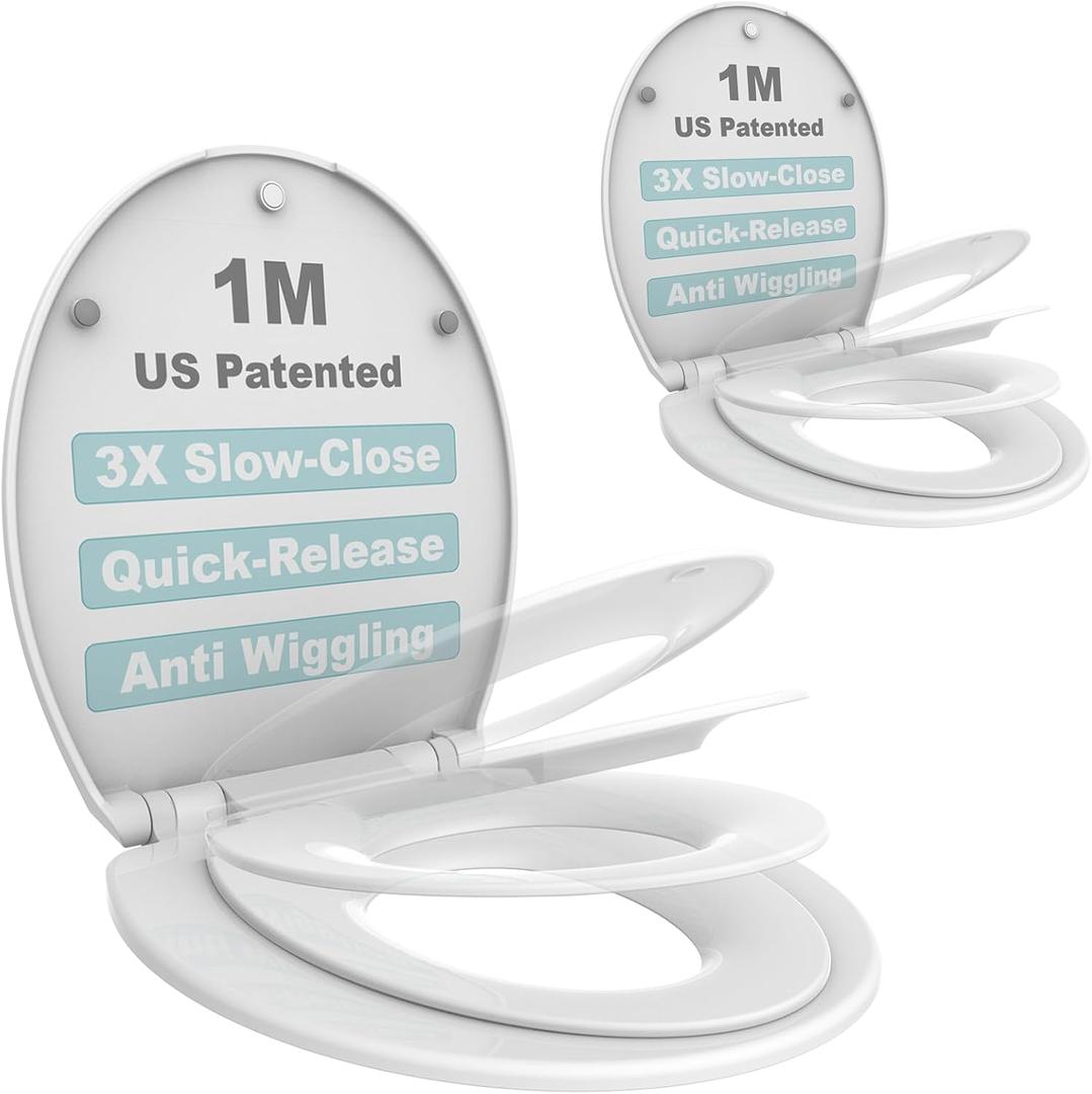 1M Family Toilet Seat, Patented Slow Close & Quick Releasing Technology, Anti-Wiggling, Easy to Install and Clean, Standard Round with Toddler Seat Built In (2 Pieces)