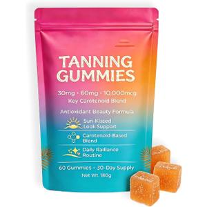 Skin Tanning Gummies Antioxidant Beauty Gummies with Beta-Carotene & Lycopene, Supports Healthy-Looking Skin, Daily Routine, 60 Count (1pc)