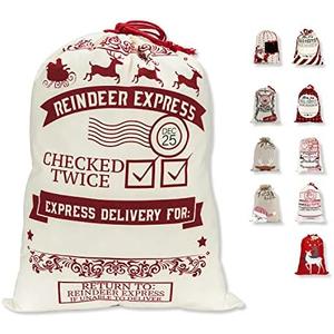 LessMo Christmas Santa Sack - Large Canvas Gift Bag with Drawstring, Reusable Personalized for Xmas Package Storage and Party Supplies Favors