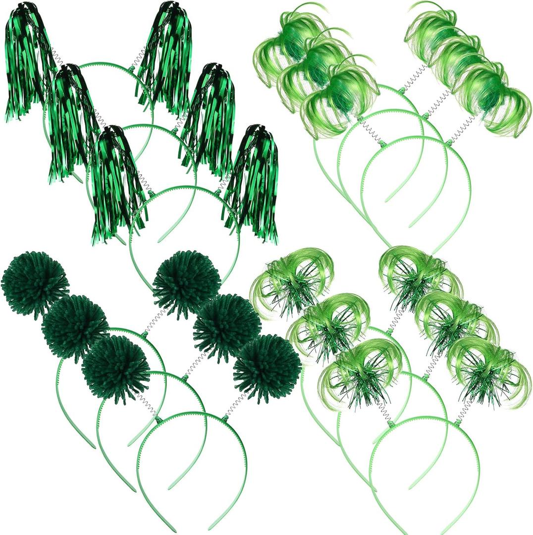 Censen 12 Pcs Halloween Pom Pom Party Headbands Tinsel Wrapped Ponytails Headbopper Headwear for Birthday Holiday (Green)