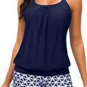 Yonique Womens Blouson Tankini Swimsuits Two Piece Strappy Bathing Suit Tops with Shorts Criss Cross Swimwear Size M,