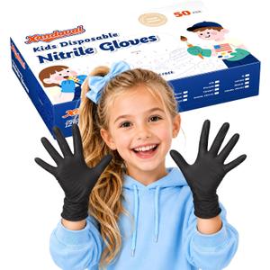 Kids Disposable Gloves for 4-8 Years, 5Mil Small Black Nitrile Gloves for Work, Cleaning, Cooking, GardeningLatex-Free and Powder-Free(XS,50PCS)