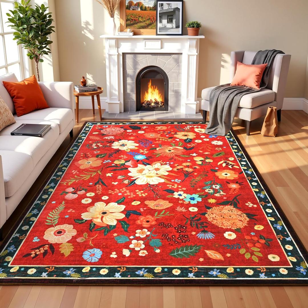 Terrug Floral Large Area Rug for Living Room, Washable 5x7 Red Christmas Rug Boho Ultra-Thin Carpet, Soft Non Slip Stain Resistant Vintage Rug for Bedroom, Dorm, Dining Room, Office