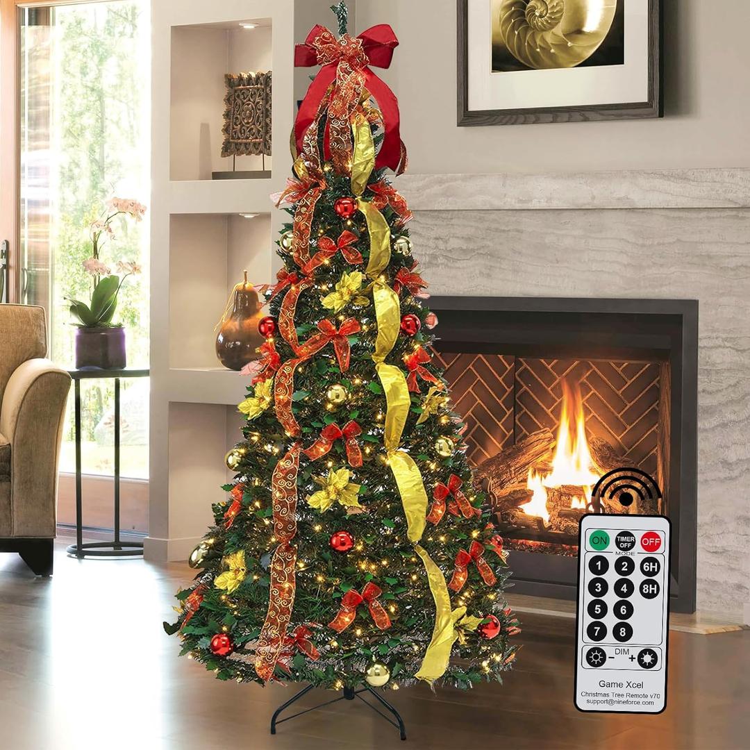 6Ft Pre-lit Christmas Tree - Fully Decorated Pull-Up Christmas Tree with Remote, 200 LED Lights, Ornaments, Red&Gold Ribbon, Bows, Easy Assemble Collapsible Xmas Trees Holiday Party Decor