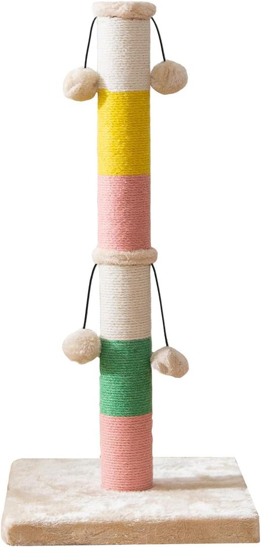 LUCKITTY 30 Inch High Cat Scratching Post with 4 Plush Teasing Toy Balls, Natural Sisal Rope Post and Thickened Base, Red Green Yellow White