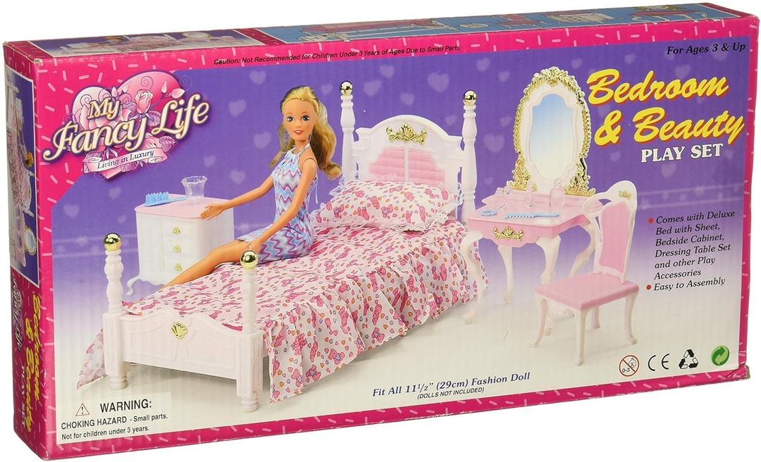 My Fancy Life Dollhouse Furniture Set, Bedroom and Beauty Play Set, White and Pink with Floral Bedding