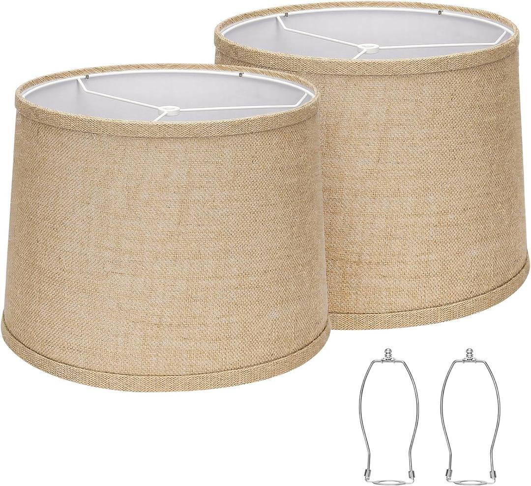 Burlap Lampshades Set of 2, 11.6" Top x 12.6" Bottom x 9.8" High, Brown Drum Shades for Table & Floor Lamps (Spider Fitter), Hand Crafted, Assembly Required