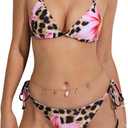 Verdusa Women's Y2K Bikini 2 Piece Cheetah Floral Swimsuit Halter Triangle Tie Side String Bikini Set (Multicolor) 
Small