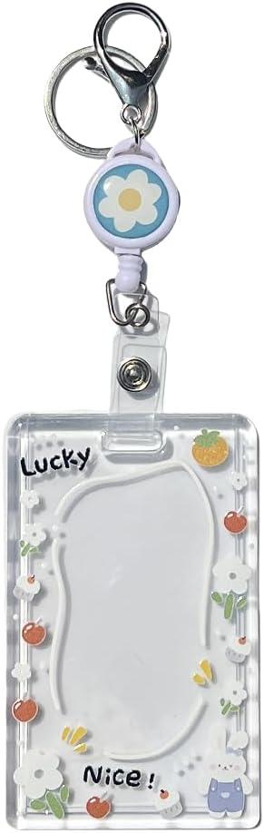 ID Badge Holder with Retractable Badge Reel Clip and Lanyard, Cute Card Name Tag Lanyard Vertical ID Protector Bage Clips for Nurse Doctor Teacher Student (Rabbit)