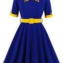 1950s Dresses for Women Vintage Rockabilly Retro Short Sleeve Tie Midi Dress Cocktail Party Evening Prom Gown (Small, Royal Blue+yellow)