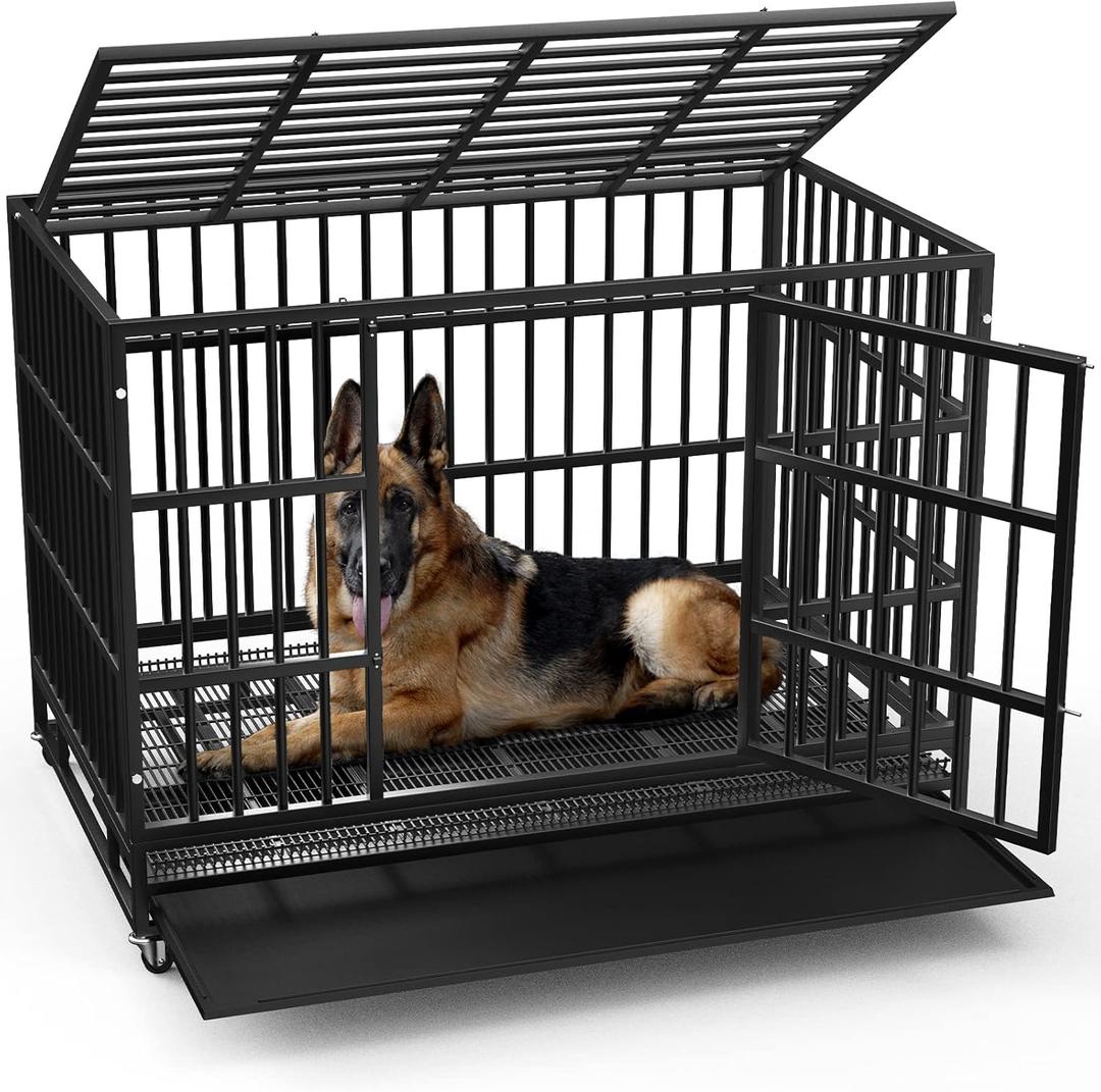 LEMBERI 48/38 inch Heavy Duty Indestructible Dog Crate, Escape Proof Dogs Cage Kennel with Lockable Wheels,High Anxiety Double Door Kennel,Extra Large Crate Indoor for Large Dog with Removable Tray (47.2"L x 30.7"W x 36.0"H, Black)