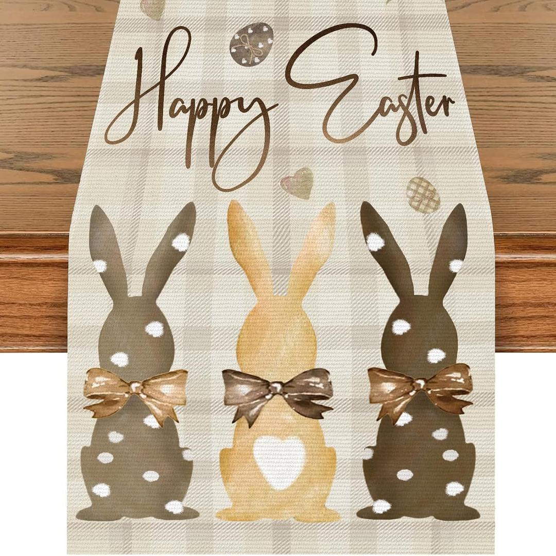 Easter Table Runner Bunny Rabbit Design for Spring Holiday Home Decor, Indoor Outdoor Party Table Decoration, 13x72 Inch