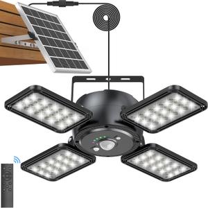 Solar Pendant Light Outdoor Indoor Solar Powered Motion Sensor Shed Light,144LED 1200LM Daytime Work with 5 Lighting Modes Remote Control 4 Heads IP65 Waterproof for Garage Gazebo Barn (Black)