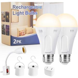 2 Pack Rechargeable Light Bulbs,Battery Backup Light Bulb for Emergency UseA19 E26 Emergency Light Bulbs for Power Outage 9W 3000K Warm Self-Charging Bulb for Hurricane Outdoor Camping Hiking
