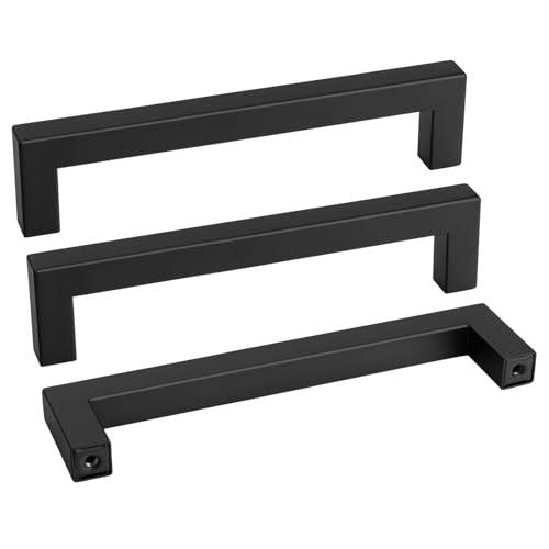 Goldenwarm 7 Pack 6-1/4 Inch Black Cabinet Handles Matte Black Drawer Pulls Stainless Steel Cabinets Hardware Square Bar Modern for Kitchen Bathroom Cupboard