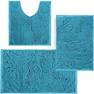 Bathroom Rugs Sets 3 Piece,Extra Soft and Absorbent Bath Rugs,Thick Chenille Bath Mat,Non-Slip Plush Shaggy Bath Carpet Set,Machine Wash Dry Quick Durable Carpet for Tub and Shower(Clear Blue) (16"x24"+20"x32"+U Shape 20"x20")