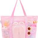 Tagitary Mesh Beach Bag with Zipper Large Beach Tote Waterproof Sandproof with 8 Pockets for Toys Pool Bag Beach Accessories (Pink)
