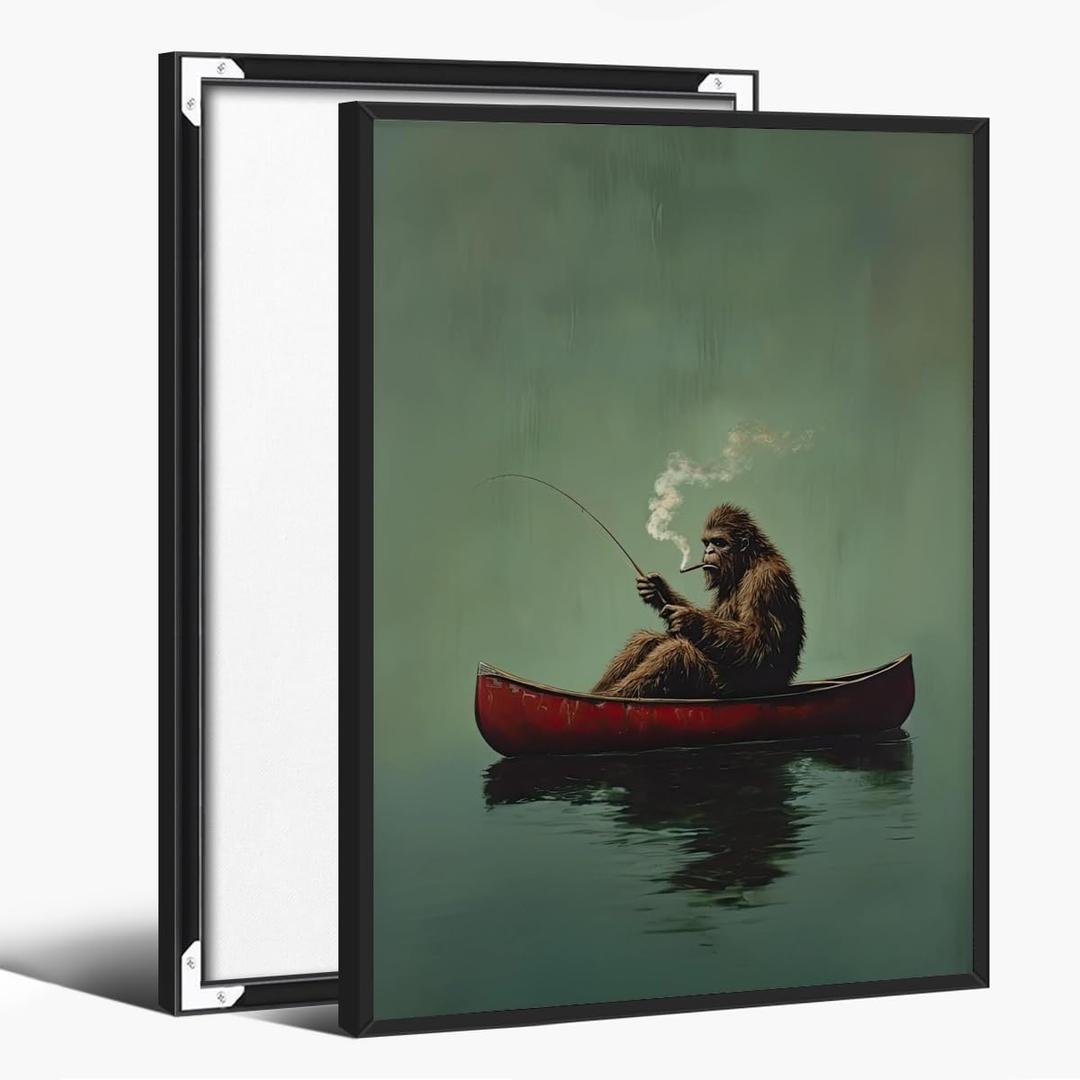 Retro Sasquatch Canvas Poster Funny Bigfoot on a Red Canoe Fishing Emerald Green Wall Art Whimsical Lake House Vintage Squatch Print for Rustic Home Cabin Office Decor 16x24inch Black Aluminum Framed