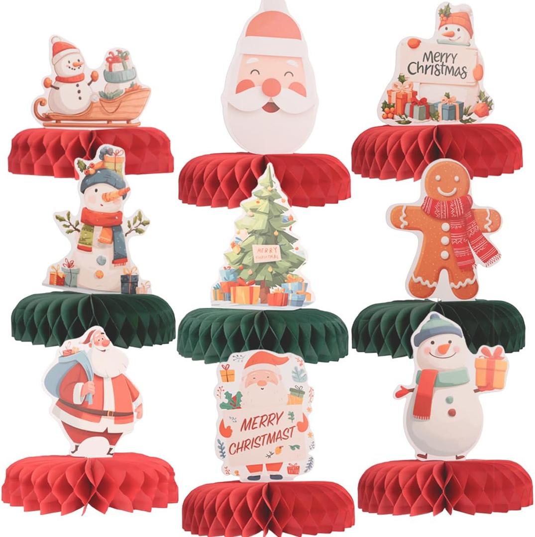 9 PCS Christmas Honeycomb Centerpieces Party Decroation Paper Set Table Toppers Holiday Vibe Decor for Xmas Red and Green DIY Supplies