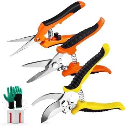 3 Pack Garden Pruning Shears Stainless Steel Blades Handheld Pruners Set with Gardening Gloves