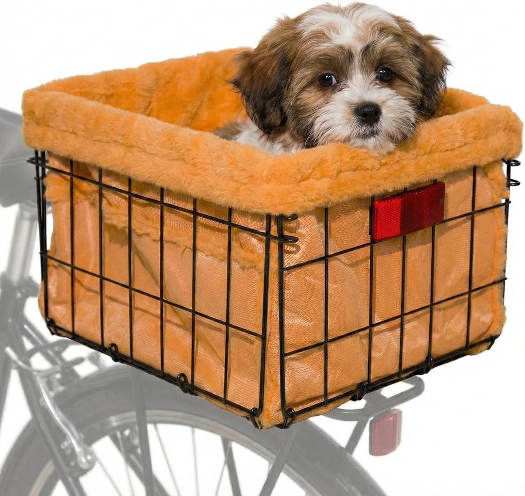 Xixter Pet Bike Basket with Liner & Mounting Hardware Metal Wire Rear Bike Basket for Dogs & Cats Comfortable Plush Bicycle Basket for Adult Bikes,Scooters Secure Universal Rack Mount