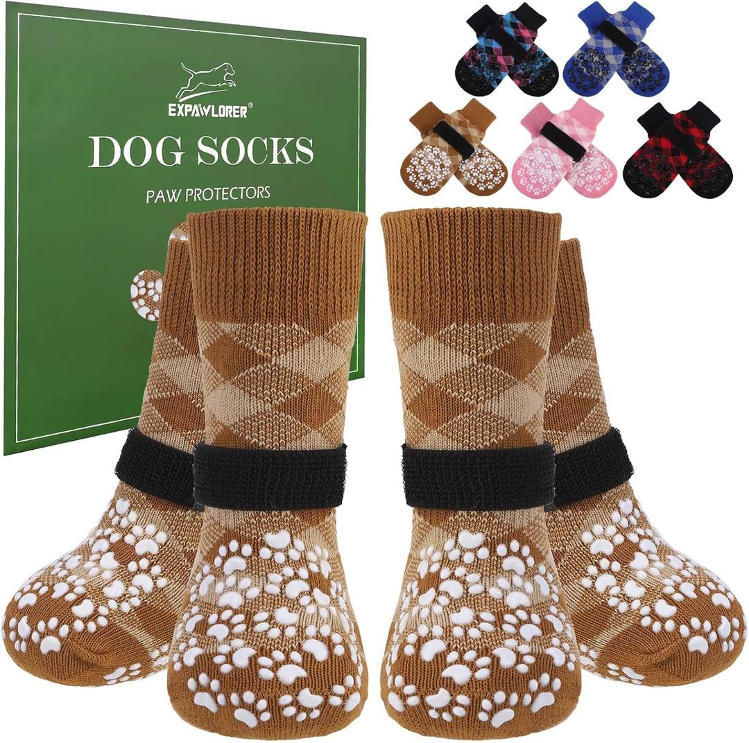 EXPAWLORER Dog Socks for Cold Winter Snow to Prevent Licking Paws, Anti Slip Doggie Booties Grippy Shoes for Hardwood Floors, Boots & Paw Protectors for Small Medium Large Senior Dogs Khaki M