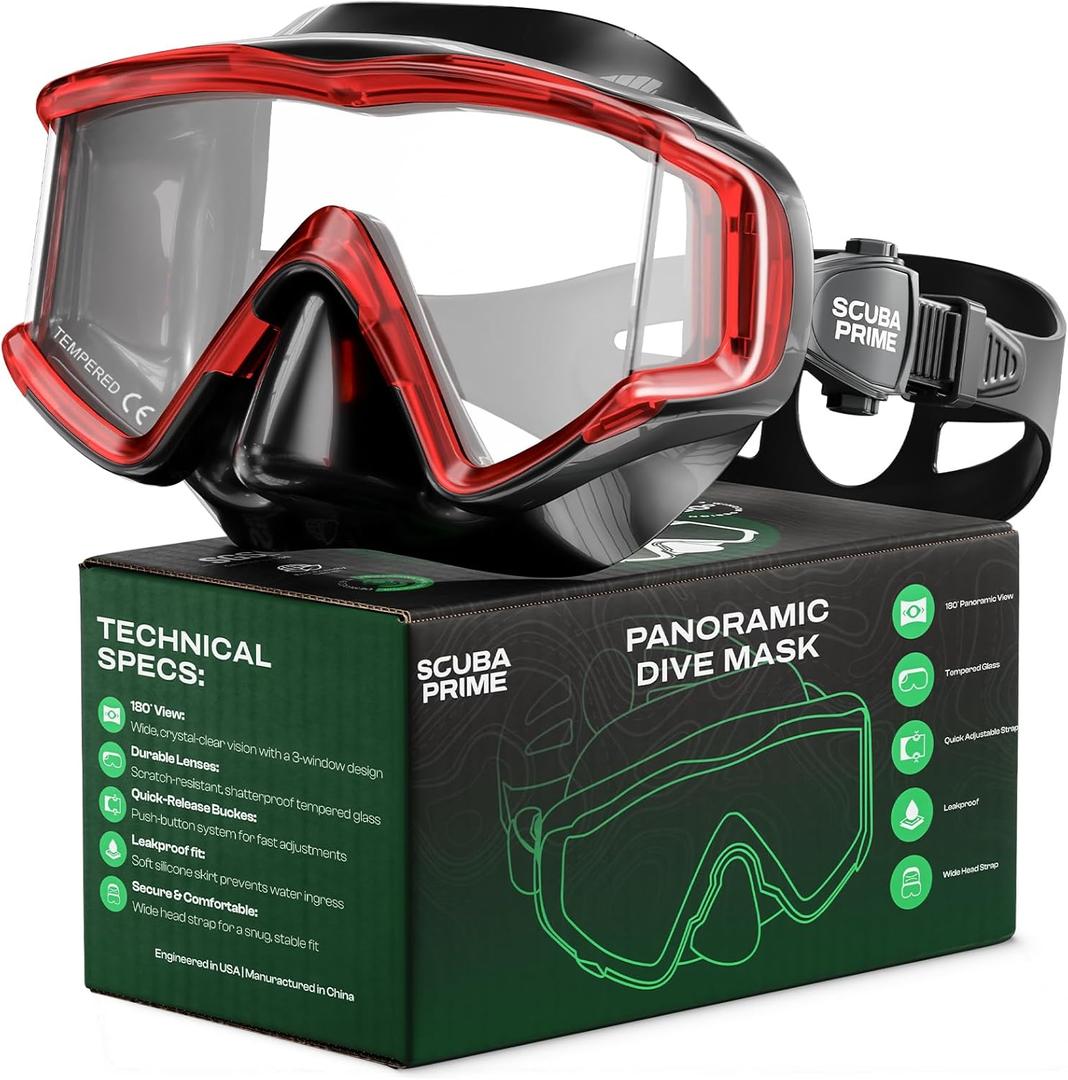 Pano 3 Scuba Diving Mask, Tempered Glass Snorkel Mask Three-Window Scuba Mask No-Leak Dive Mask Silicone Skirt Diving Mask for Snorkeling and Scuba Use