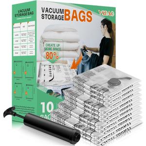 10 Pack Vacuum Storage Bags,Space Saver Bags with Hand Pump,Vacuum Sealer Bags for Store Clothing,Comforters,Blankets,and other Bedding(2Jumbo/2 Large/3 Medium/3 Small) (10 COMBO)
