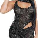 KANSOON Sexy Two Piece Outfits for Women Sequin Knit Backless Irregular Halter Tank Top Crochet Shorts Set with Rave Hood (Black, M)