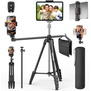 70" Phone Tripod & Selfie Stick, Horizontal Overhead Tripod, Extendable Camera Cell Phone Tripod Stand with Wireless Remote and phone Holder for Filming Video Recording Live Stream