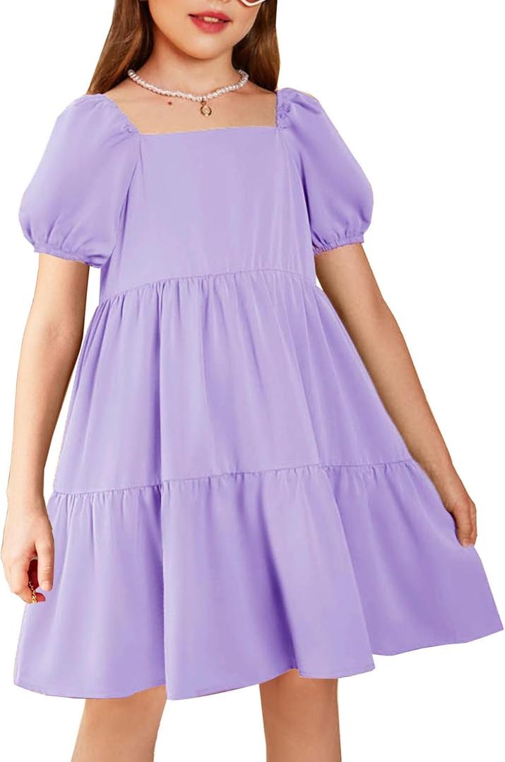 Arshiner Girls Dresses Short Sleeve Ruffle Chiffon Summer Flowy Dress with Square Neck (Purple)